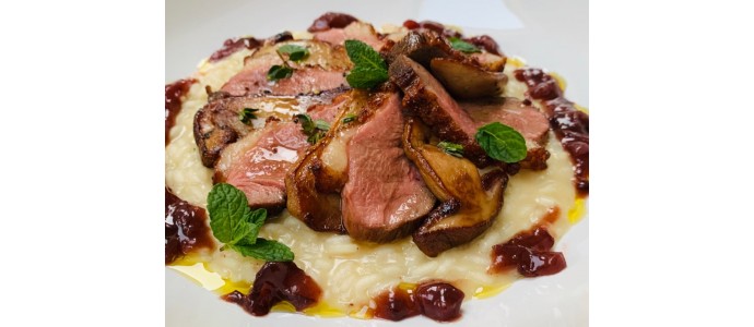 Porcini mushrooms, duck and plum and radicchio chutney, risotto